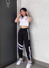 QUẦN JOGGER NỮ HIPHOP TÚM CHÂN VIỀN PHẢN QUANG TÚI HỘP DA - ĐEN TÚI HỘP - L