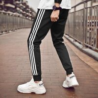 Quần Jogger thể thao nỉ 3 sọc BO CHÂN dày dặn - KẺ TRẮNG,SIZE L