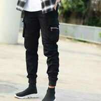 Quần Jogger túi hộp 1 khóa kéo dài ống bo gấu - Chất Vải Kaki Kiểu Thể Thao UNISEX một Màu Đen. 01x - Đen,S 40-45kg