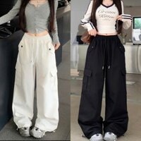 Quần Jogger Túi Hộp Nữ Ống Rộng Chất Tuyết Mưa Cạp Chun 2 Màu Trắng Đen