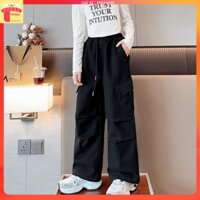 Quần kaki bé gái size đại lót nỉ 6-12 tuổi túi hộp ống sớ dây rút dáng thể thao hàng Quản Châu