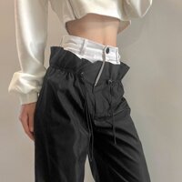 Quần kaki dáng xuông phối lưng 2 lớp trắng đen chất chơi (Ảnh thật)