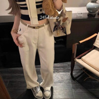 Quần kaki nữ màu trắng ống xuông thêu ngựa phong cách basic XTT QAN26