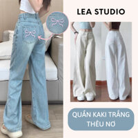 Quần Kaki Nữ Ống Rộng Trắng Thêu Nơ Hồng Lưng Cao Dáng Suông Dễ Thương Phong Cách Hàn Quốc - Lea.Studio