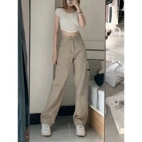 Quần kaki suông dài lưng cao màu nâu sữa