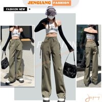 Quần Kaki túi hộp lưng cao ống rộng phối dây buộc cargo pants phong cách retro hiphop cá tính Jengiang