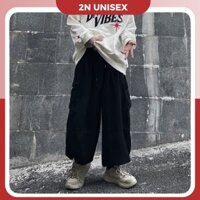 Quần kaki túi hộp ống rộng nam nữ 2N Unisex cargo pants màu đen xanh rêu Q01 - Đen - XXL