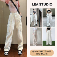 Quần Kaki Túi Hộp Ống Suông Lưng Cao Phong Cách, Quần hộp nữ MÀU TRẮNG cá tính - Lea.studio