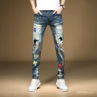 Quần Kẻ Ăn Mày rách vá quần nam thêu ống nhỏ tôn dáng Quần jean rách lỗ mùa thu phong cách Hàn Quốc