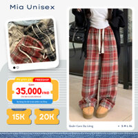 Quần kẻ caro dạ lông nữ dày dặn phối dây rút MIA UNISEX, quần suông nữ dạ ống rộng phong cách Hàn Quốc