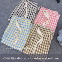 quần kẻ caro ống rộng nữ cạp chun lưng cao có dây rút