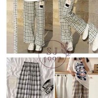 Quần Kẻ Nữ Cạp Chun Caro Lưng Cao Dáng Rộng Ống Suông ulzzang