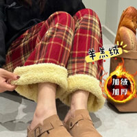 Quần kẻ sọc lông cừu cho Nữ quần giữ nhiệt quần giáng sinh màu đỏ quần ống rộng cạp cao mùa thu đông phong cách năm mới