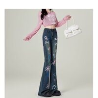 Quần kiểu Mỹ màu xanh đậm Quần Jean 2024 ôm sát graffiti mùa thu HOT GIRL nơ bướm Micro loe cạp cao cho nữ