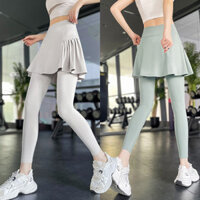 Quần Legging thể thao Yoga hai mảnh giả dành cho nữ, Cầu lông khô nhanh, Đi xe đạp, Chạy bộ, Quần cá mập thể hình có váy, Quần Legging liền mạch thoáng khí 7 / 8