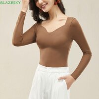 Quần lót giữ nhiệt nữ BLAZESKY, Áo ấm tay dài cổ chữ V chắc chắn, Áo sơ mi đáy mùa thu đông Quần lót co giãn cao có đệm cho nữ
