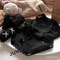 Quần lót nữ lolita đen có viền ren nơ, quần short nữ cotton nguyên chất, cạp giữa, C088
