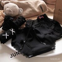 Quần lót nữ lolita đen có viền ren nơ, quần short nữ cotton nguyên chất, cạp giữa, C088
