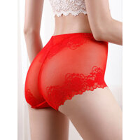 Quần lót ren sexy màu đỏ năm mới cho phụ nữ, cạp cao, khoét lỗ, lễ cưới, kiểm soát bụng, nâng mông, không đường may