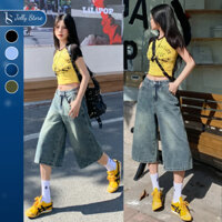Quần lửng ống rộng, Quần short jean nữ Jelly cạp cao dài qua gối, quần bò ngố form rộng D001