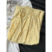 Quần Màu Vàng Kẻ Ống Rộng Lười Thường Ngày Ống Đứng Cạp Cao Mẫu Mỏng Mùa Hè Cho Nữ