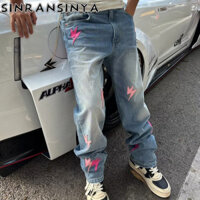 Quần nam SINRANSINYA giặt quần jean dáng rộng in hình tia chớp cổ điển kiểu Mỹ