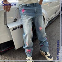 Quần nam vô hạn giặt quần jean dáng rộng in hình tia chớp cổ điển kiểu Mỹ