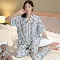 Quần Ngắn Tay Bộ Đồ Ngủ Nữ Mùa Hè Bong Bóng Cotton Hoạt Hình Gấu Bộ Đồ Ngủ