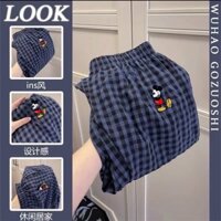 Quần Ngủ Cotton Ống Phồng Hai Cách Sử Dụng Họa Tiết Caro / Mickey Màu Xanh Dương Thời Trang Mùa Hè Cho Nữ