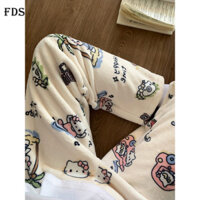 Quần ngủ flannel quần mặc nhà hoạt hình phong cách Hàn Quốc khí chất dịu dàng mùa thu đông cho nữ Quần giữ nhiệt