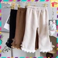 Quần nhung trẻ em lót nỉ, Quần dài cho bé gái ống loe 3-8 tuổi đính nơ lông viền gấu kiểu dáng thời trang dễ thương