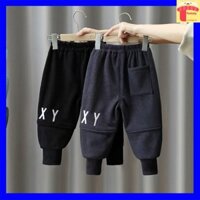 Quần nỉ cho bé trai và bé gái lót lông, Quần ống rộng trẻ em bo gấu 1-5 tuổi đính cúc và chữ W dày dặn không bai xù