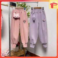 Quần nỉ lót lông cho bé tặng thú đeo 5-11 tuổi đính kuromi và melody dáng thể thao không bai xù