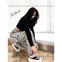 Quần nỉ nữ màu ghi phối dây dệt form suông rộng, có túi hộp, thêu logo siêu đẹp, siêu sang