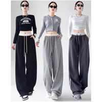 quần nỉ ống rộng  nữ dây rút gấu dáng jogger 2 sọc viền bên sườn cạp chun phối màu cá tính