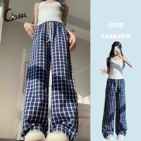 Quần nữ Caslar Zhao Lusi cùng màu xanh hải quân ca rô treo cảm giác lười biếng retro quần ống rộng thông thường