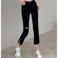 Quần Nữ Rách Size Lớn Đũa Chân Đến Mắt Cá Chân Quần Thường Ngày Mùa Hè Chia Mỏng Đen Thẳng Quần Thuốc Lá