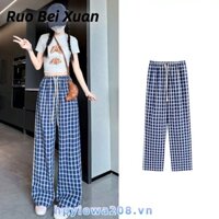 Quần nữ Ruo Bei Xuân Zhao Lusi cùng màu xanh hải quân ca rô treo cảm giác lười biếng retro quần ống rộng thông thường