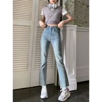 Quần ống đứng xanh nhạt , Quần jean bò ống đứng lưng cao gấu tua rua màu xanh nhạt KT27