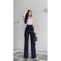 Quần ống loe cạp cao lưng cao nữ DOLOXI công sở 2 cúc vải tuyết mưa Q065 - Đen,S