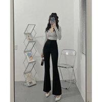 Quần ống loe cạp cao nữ DOLOXI lưng cao 1 cúc vải tuyết mưa công sở Q801 - ĐEN,S