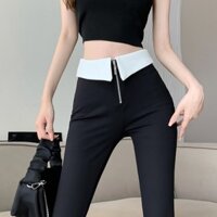 Quần ống loe màu đen YUEWEN quần móng ngựa lau sàn thường ngày tôn dáng gầy cạp cao có khóa kéo gấp mép màu tương phản cho nữ