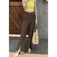 Quần ống loe xẻ gấu trước cạp cao tôn dáng màu đen màu nâu quần vải công sở cạp cao