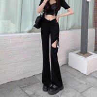 Quần ống loe xếp ly YUEWEN cho phụ nữ, quần đen giảm cân, quần đáy chuông thoải mái