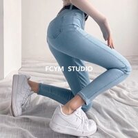 QUẦN ỐNG ÔM DÀI BÓ SÁT QUẦN JEANS NỮ CO GIÃN BASIC LƯNG CAO XANH NHẠT