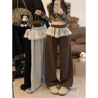 Quần ống rộng dây rút thắt lưng cao thông thường Hàn Quốc nối ren