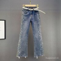 Quần ống rộng đính đá cho nữ công nghiệp nặng, mùa xuân hè 2025, quần dài ống loe cao cấp, ôm sát