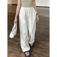 Quần ống rộng eo cao thông thường màu xám tiêu Hàn Quốc, dây thắt lưng co giãn, vải lụa băng, quần chống nắng dáng rộng, mùa hè 2025
