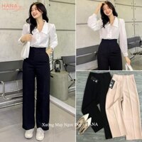 Quần ống rộng khóa sườn lưng cao đi học làm công sở duyên dáng quần vải ống rộng cạp cao dây kéo hông sườn đen đáy cao