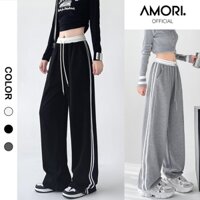 Quần Ống Rộng Nữ 2 Sọc Thể Thao Chất Nỉ Dáng Suông Phối Cạp Chun Trắng Dây Rút Điều Chỉnh Eo